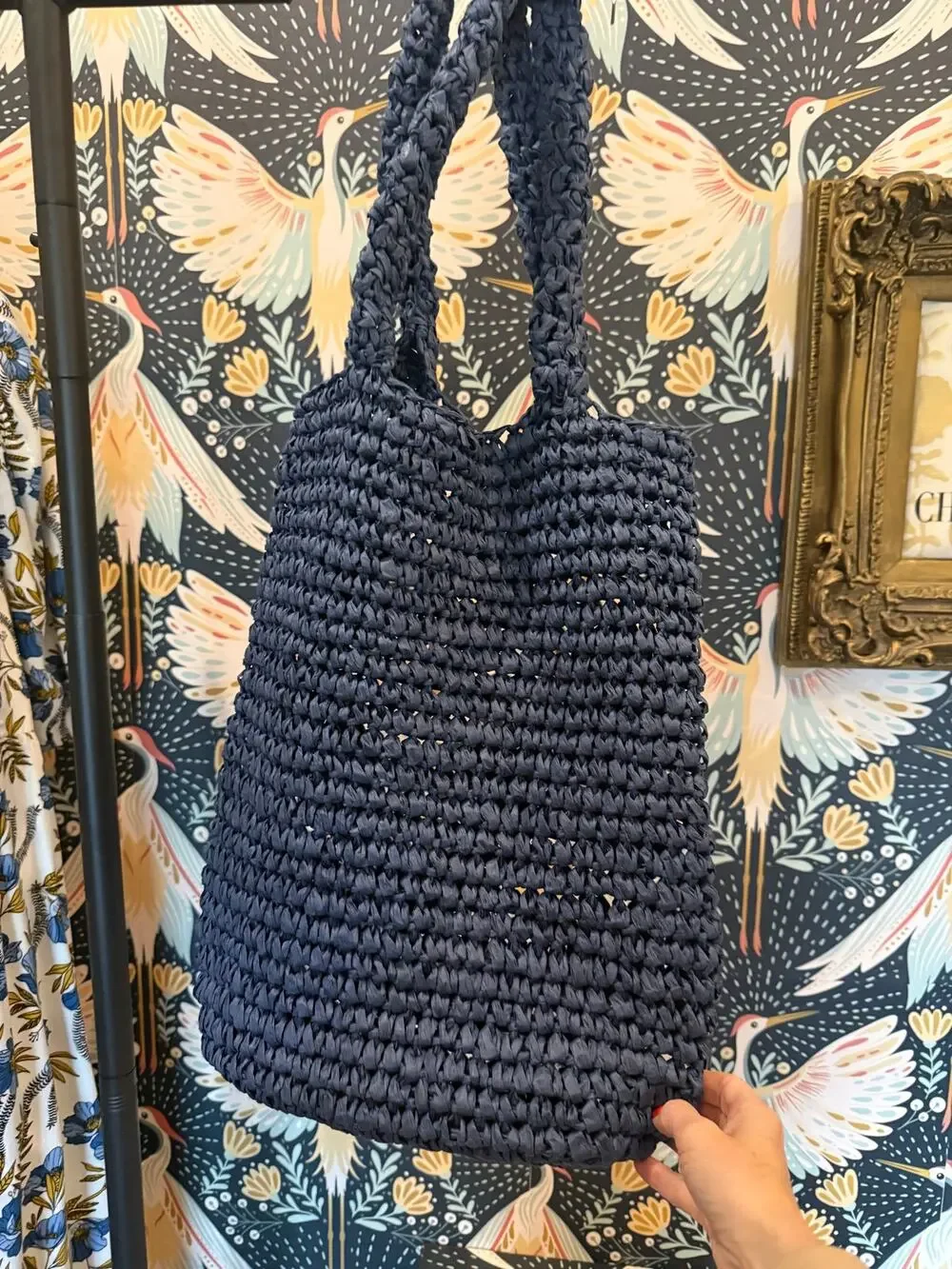Club Monaco navy blue raffia tote
